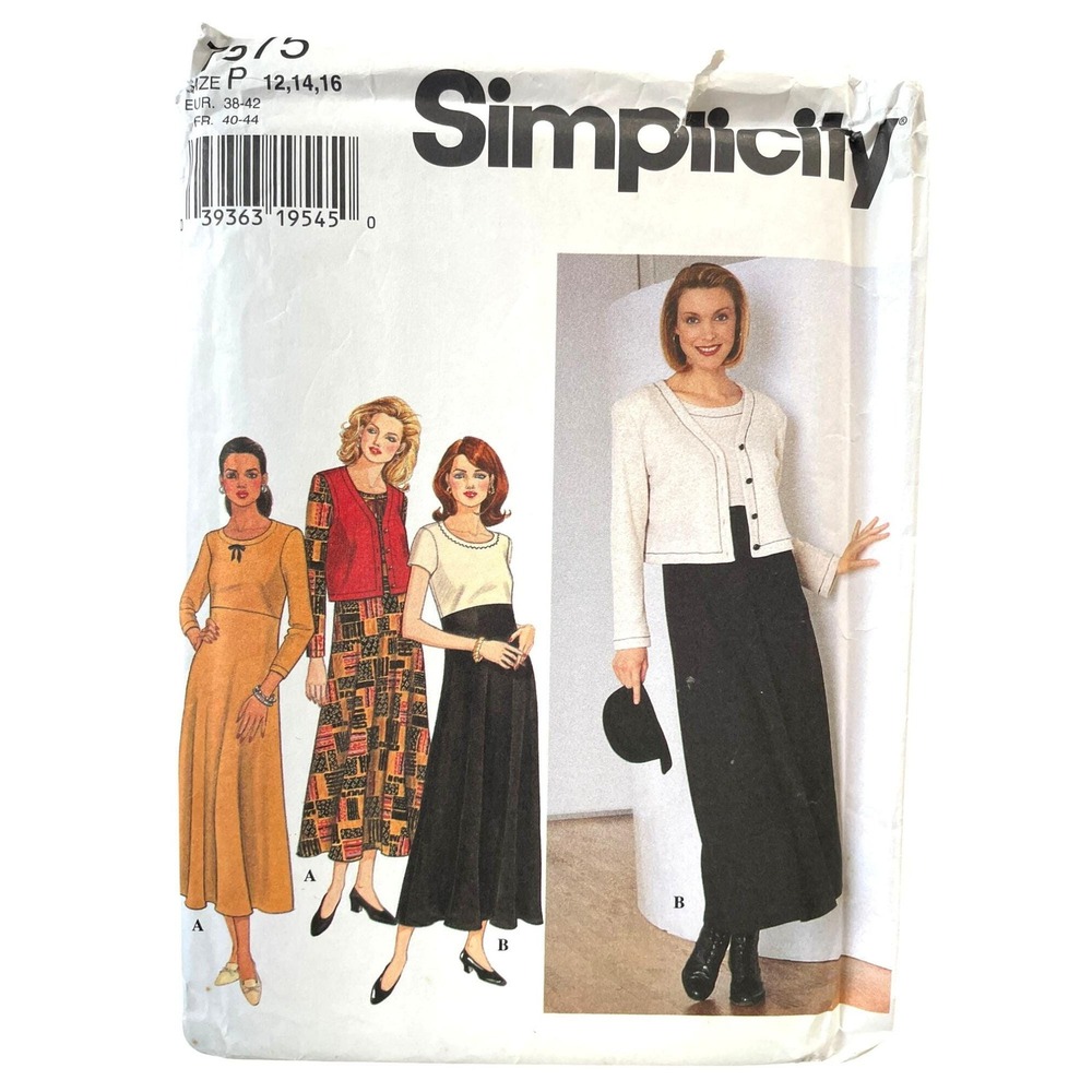 Simplicity Sewing Pattern 7375 Dress Vest Jacket Misses Size 12-16 90s Uncut FF